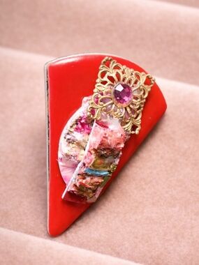 Vintage 80s  Red Ring with Gold Filigree and Pink Gem